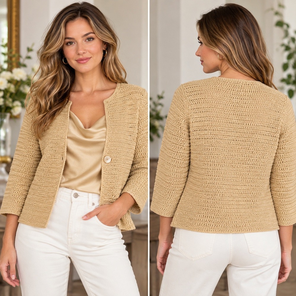 VTG Jones New York Cardigan Womens Tan Mercerized Cotton Crochet Knit Button M